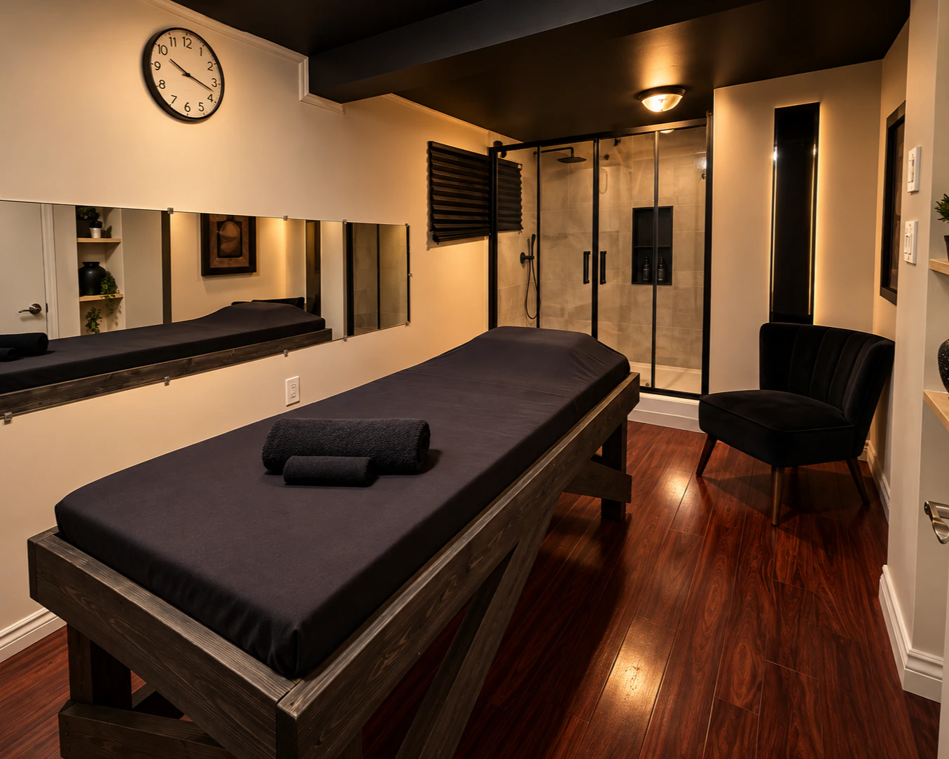 La salle Acajou&nbsp;: plancher de bois sombre, murs crème et lumière ambrée, table de massage face à un long miroir