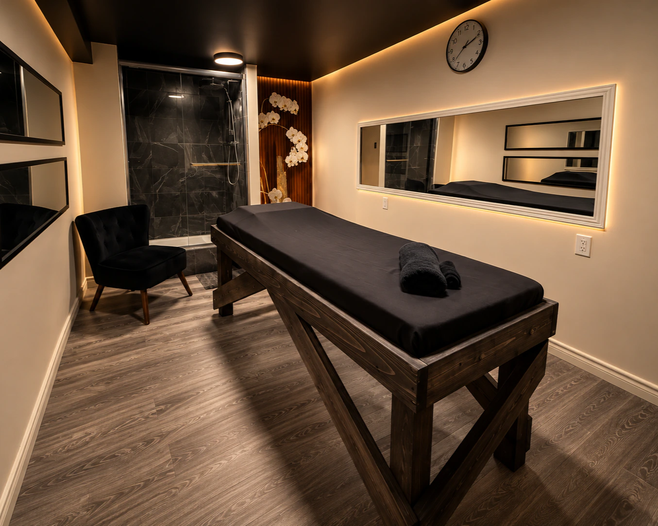 La salle Noire&nbsp;: plafond noir, douche de marbre sombre, orchidées blanches et corniche lumineuse dorée